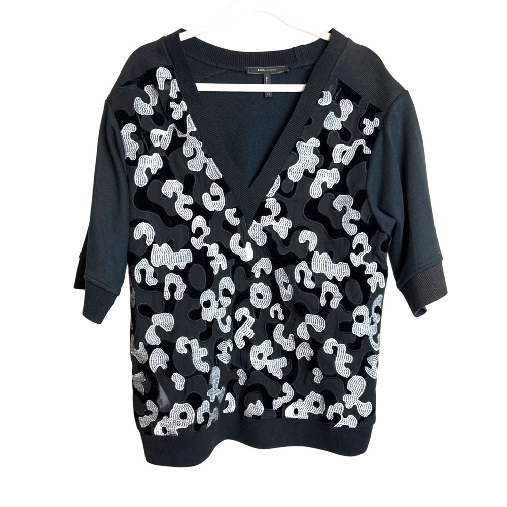 BCBGMAXAZRIA Womens XS Black Ribbed Camo Lace Sweatshirt Top Short Sleeve NEW